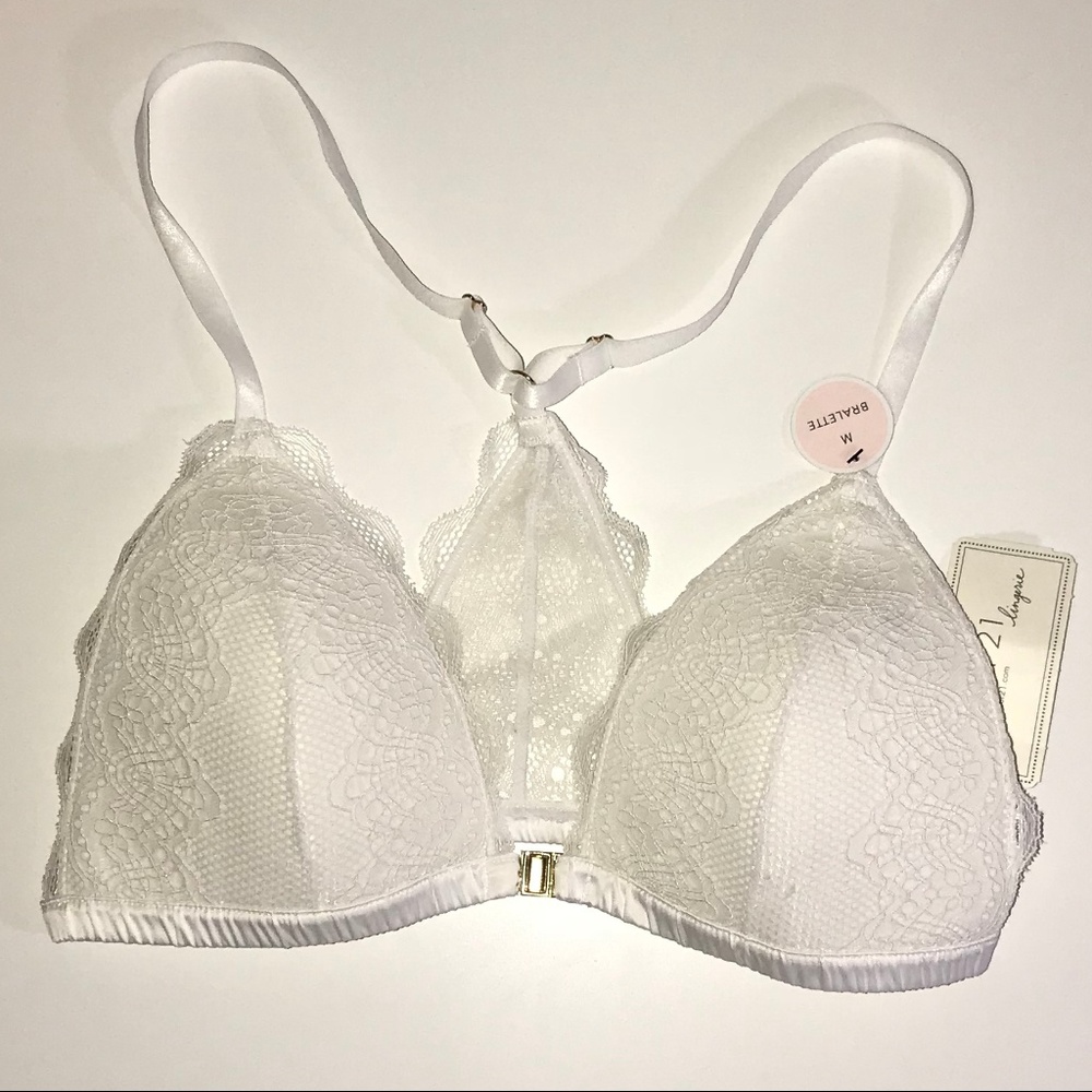 Forever 21 White Lace Gold Clasp Bra Size M